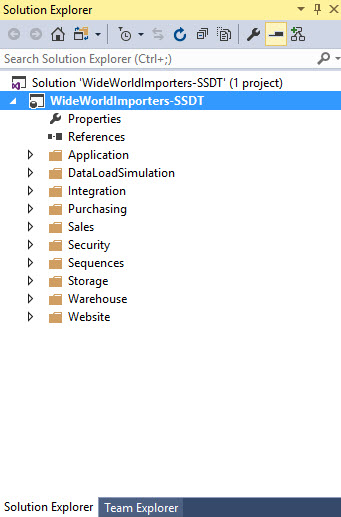 Screenshot of Visual Studio with the WideWorldImporters-SSDT project folders displaying.